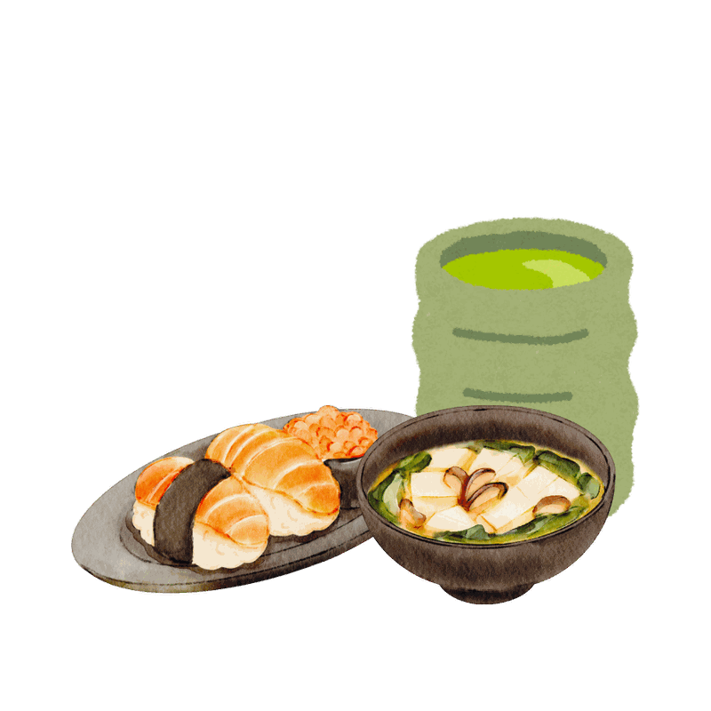 Akvarell av matcha, sushi og miso-suppe